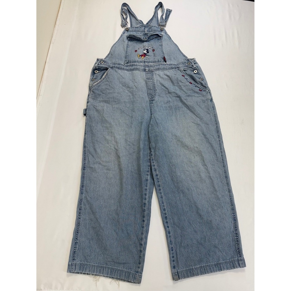 Vtg Disney Mickey Mouse Dreamy Denim Overalls Light Wash Wide Leg Women's 18
